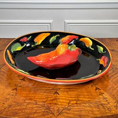 (2PC) CHILI PEPPER DISHES | Including: large platter with chili pepper rim and small chili pepper form dish. - l. 17.5 x w. 14 x h. 2.25...