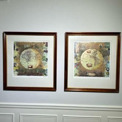 PAIR GLOBE PRINTS | 19.5 x 19, site. - w. 28 x h. 30 in (Each frame)

