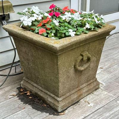 PAIR SQUARE CONCRETE PLANTERS | Tapering square planters with rings. - l. 19 x w. 19 x h. 17 in (each)

