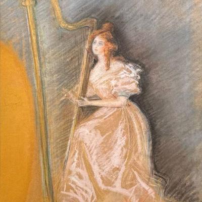 FRAMED PASTEL HARP PLAYER | Harpist. Pastel on paper. 15.5 x 11.25 in. sight. In gilt frame. - l. 20.5 x w. 16 in (frame)

