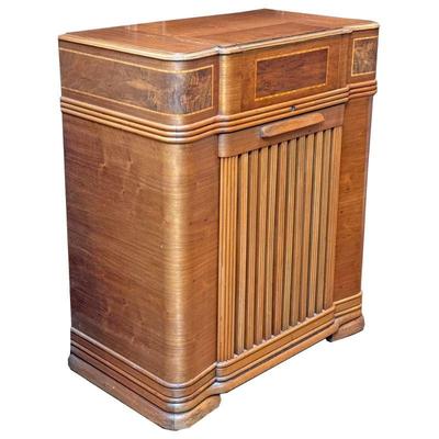 VINTAGE PHILCO STEREO / RECORD PLAYER | In a fancy Burlwood veneer case lift top reveals radio controls and a fall front reveals Philco...