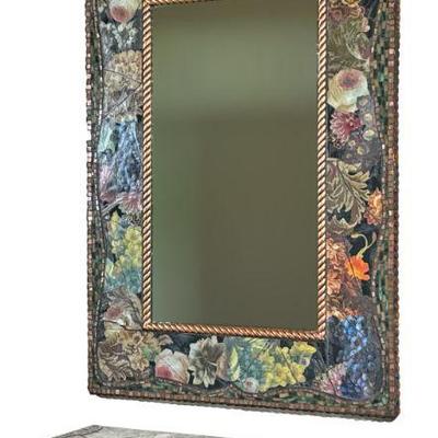 CROSS HARRIS DECOUPAGE & GLASS INLAID MIRROR & SHELF | Having patterned decoupage floral & fruit border with assembled...