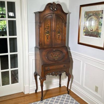 PAINT DECORATED SLANT LID BOOKCASE | l. 18 x w. 28 x h. 77 in

