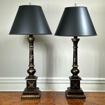 PAIR BLACK & GOLD TABLE LAMPS | h. 30 x dia. 14 in (over shade)

