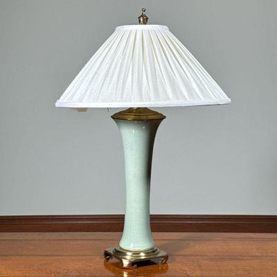 CELADON CERAMIC TAPERED LAMP | celadon ceramic tapered base with a whit shade. - h. 26 x dia. 18 in (over shade)

