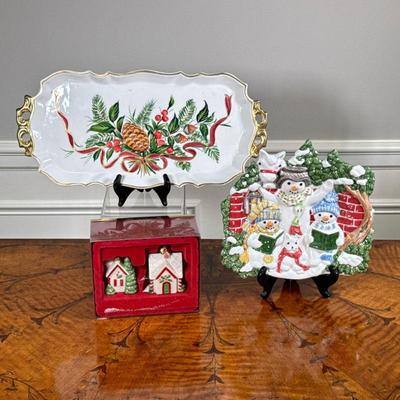 (3PC) MIXED HOLIDAY DISHES | Including: Fitz & Floyd “The Flurries” snowman dish, Italian Christmas dish with gilt rim, and Lenox...
