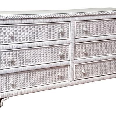 WHITE WICKER SIX DRAWER CHEST | Fine construction with solid wood drawers. - l. 19 x w. 58 x h. 30 in

