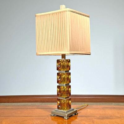 AMBER GLASS CUBE LAMP | Designed for Amber-colored glass cubes with a brushed metal frame. - l. 10 x w. 10 x h. 25 in (over shade)


