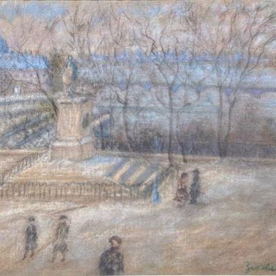 FRENCH PARISIAN GOUACHE PAINTING | Paris in Winter. Mixed media on canvas. 19.75 x 16.75 in. sight. Signed lower right indistinctly. - l....
