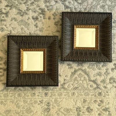 PAIR ROMA ITALIAN STYLE MIRRORS | Made in Canada, gilt inserts with black patina pattern frames. - l. 11 x w. 11 in

