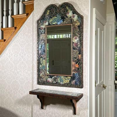 CROSS HARRIS DECOUPAGE & GLASS INLAID MIRROR & SHELF | Having patterned decoupage floral & fruit border with assembled...