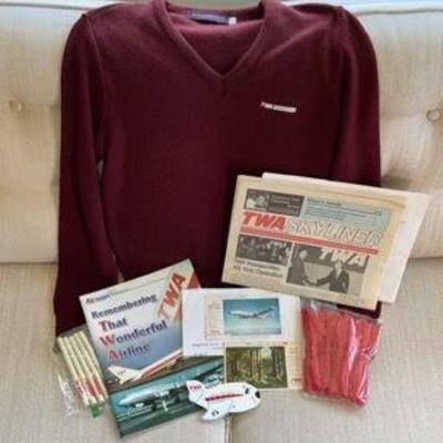 TWA Airline Collectibles * Vintage TWA Sweater Size Women’s Large * Postcards Pens Stir Sticks

