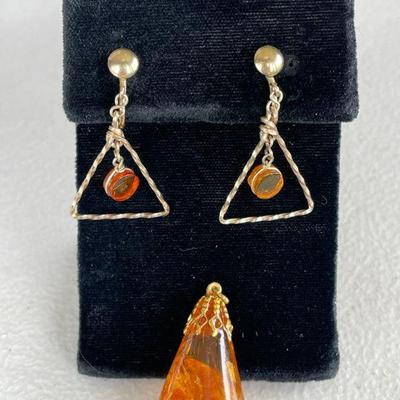 Amber Pendant * Amber Color Glass * Triangle Drop Clip On Earrings
