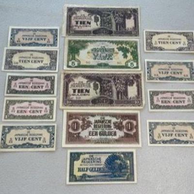 WWII Japanese Issue Occupation Bank Notes * Regeering * Cents * Gulden * 14 Bills
