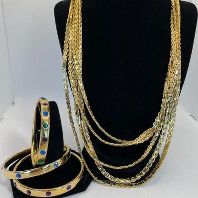 Nice 5 Strand Gold Toned Necklace * Monet Crystal * Gold Tone Bangle Bracelets
