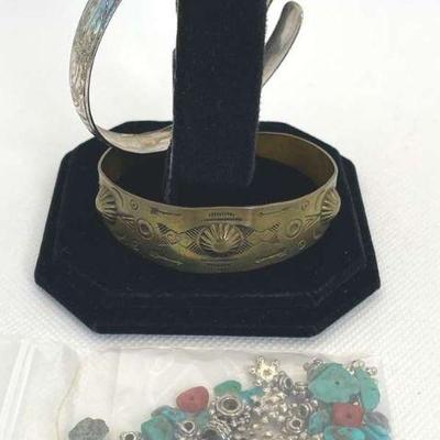 Southwest Style Silver Tone Metal Cuff Bracelets * Loose Likely Turquoise Beads
