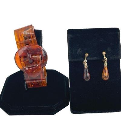 Amber Stretch Bracelet w cute Buckle Detail * Amber Clip On Earrings

