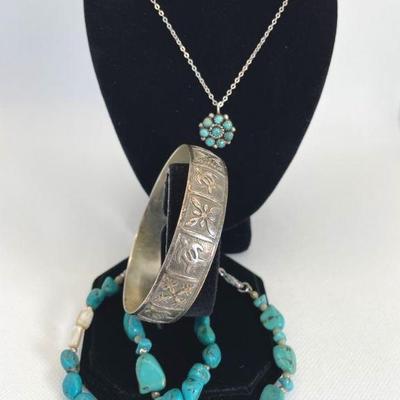 Sterling Silver Hawaii Theme Bangle Bracelet * Likely Turquoise Bracelets * Necklace
