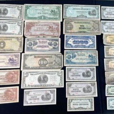WWII Japanese Issued Occupation Bank Notes * Pesos * Shillings * Cents * Centavos * Pound

