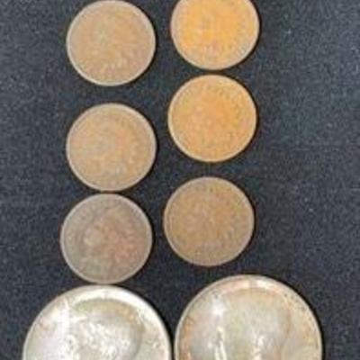 1897-1900 Indian Head Pennies * Two 1964 Half Dollars * Walking Liberty Quarter
