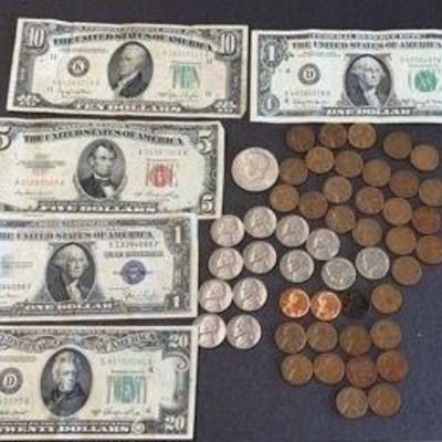 United States 1953 Red Seal $5 Bill, 1935 Blue Seal $1, 1/2 Dollar, 35 Wheat Pennies & 13 Nickels
