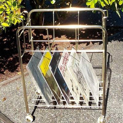 MCM Brass Tone Rolling Cart With 6 Vintage Vinyl Records
