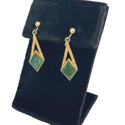 Alaska Designer LJH 1/20 GF Art Deco * Green Stone Screw back Earrings
