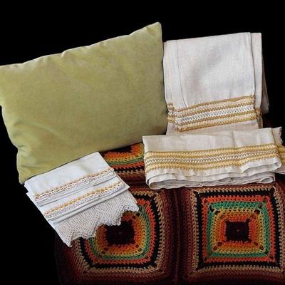 MCM Custom Linen/Cotton Curtains, Crochet Throw, Accent Pillow & 4 Vintage Pillow Cases
