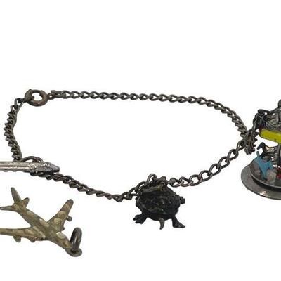 Antique Sterling Silver Charm Bracelet * Merry go Round * Turtle * Clarinet * Jet
