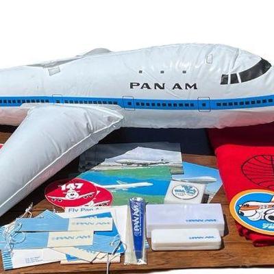 Vintage PAN AM Airlines Memorabilia Items * Blowup Plane, Blanket, Shave & Toothbrush Kits
