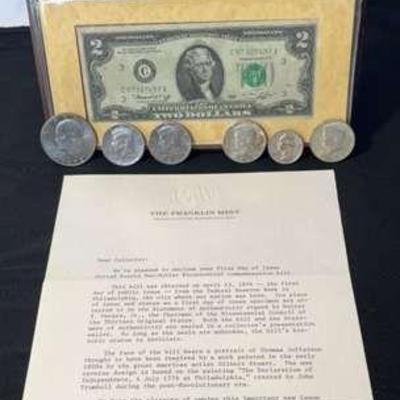 Silver Kennedy 1/2 Dollars * First Day Issue $2 Bicentennial Bill * One Dollar & 1/2 Dollar Coins
