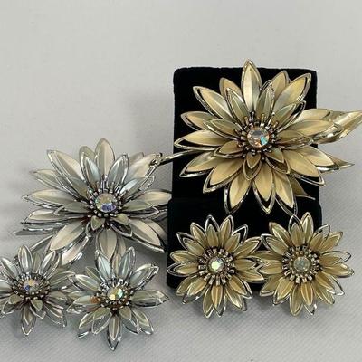Silver and Gold Tone Floral Brooches * Clip On Earrings Sets

