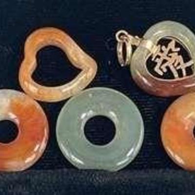 14K Yellow Gold Asian Character * Likely Jade Heart Pendant * Circles Pendants
