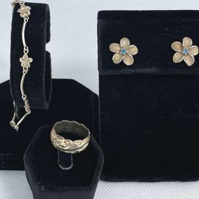 Sterling Silver 925 Plumeria Earrings * Bracelet * Lazer Cut Ring * Size 7 1/8
