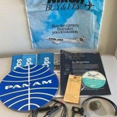 PAN AM Memorabilia * 1974-78 Issues of Flight Ops * Coms Headset * Tie Pin * Sticker, Bag
