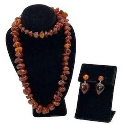 Amber 25” Necklace With Screw Back Heart Shaped Amber Earrings
