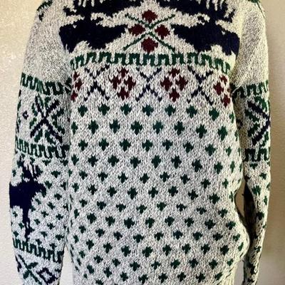 Vintage 80's Ralph Lauren Polo Blue Label 100 Percent Wool Sweater W Moose Motif Size Medium 