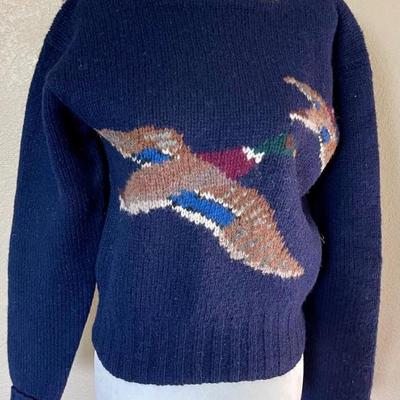 Vintage Polo Ralph Lauren Ladies Hand Knit Duck Mallard Blue 100 Percent  Wool Sweater Sz M