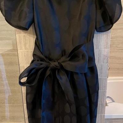 Vintage Oscar De La Renta Black Polka Dot Chiffon Sash Dress Neiman Marcus Size 10 With Pockets
