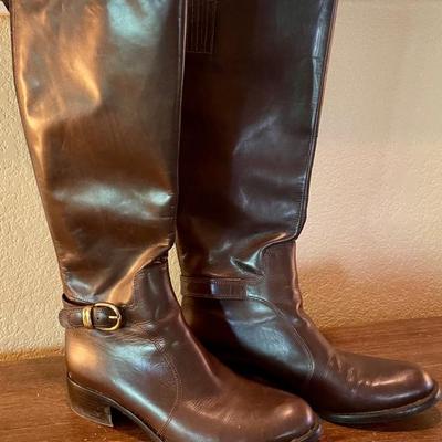 Vintage Ladies Via Spiga Calf Length Brown Leather Riding Boots With Back Zipper And Buckle Size 8