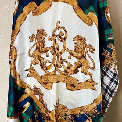 Ralph Lauren Blue Label 100 Percent Silk Scarf Lion Crest With Tartan Plaid 35" X 35"
