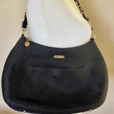 Vintage Eric Javits New York Chain Link Strap Black Squishee Hobo Bag With Mirror 
