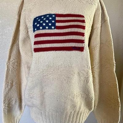 Vintage Ralph Lauren Polo Blue Label 100 Percent Cotton Hand Knitted Flag Sweater Size Large 