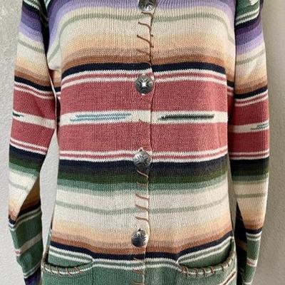 Vintage Ralph Lauren Country Serape Cardigan With Silver Concho Buttons Cotton Linen Blend  Size Large 