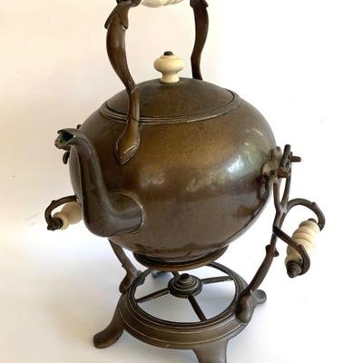 Antique brass hot water kettle w/ tip stand