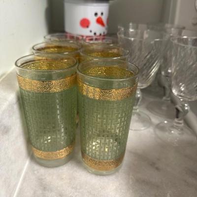 Vintage Culver 22K Gold & Green Basket Weave High Ball Glasses 6 Total 