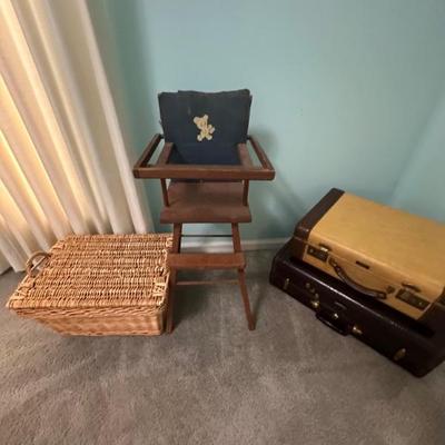 1940's Doll Highchair, Vintage Suit Cases, Picnic Basket 
