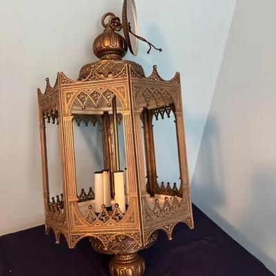 Large Vintage Brass Gold Gothic Regency Style Hanging Swag Lamp 
