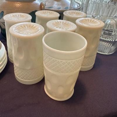 McKee Set of 7 Opal Milk Glass Iced Tea 1950's Cross hatch & Dot design 