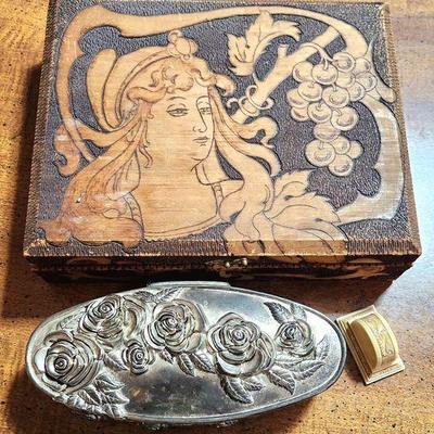 Vintage pyrography box, art deco celluloid ring box and plated trinket box.
